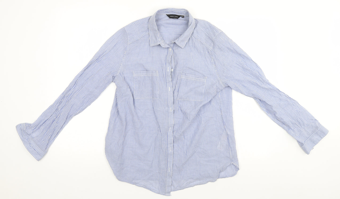 New Look Womens Blue Striped Cotton Basic Button-Up Size 12 Collared