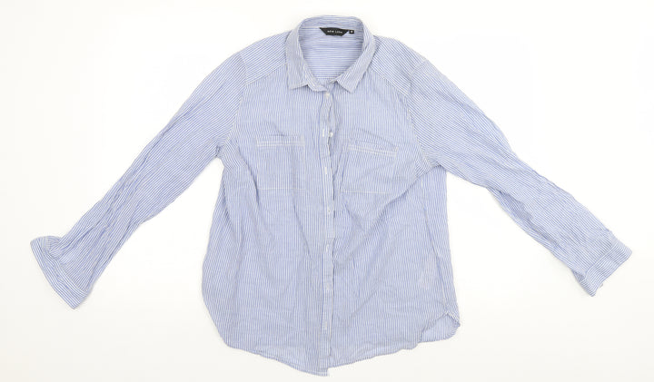 New Look Womens Blue Striped Cotton Basic Button-Up Size 12 Collared