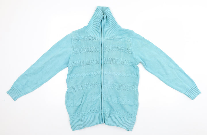 BM Womens Blue High Neck Cotton Full Zip Jumper Size M