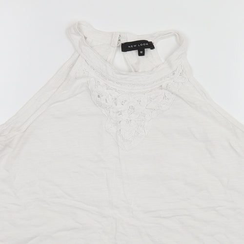 New Look Womens White  Cotton Basic T-Shirt Size 12 High Neck