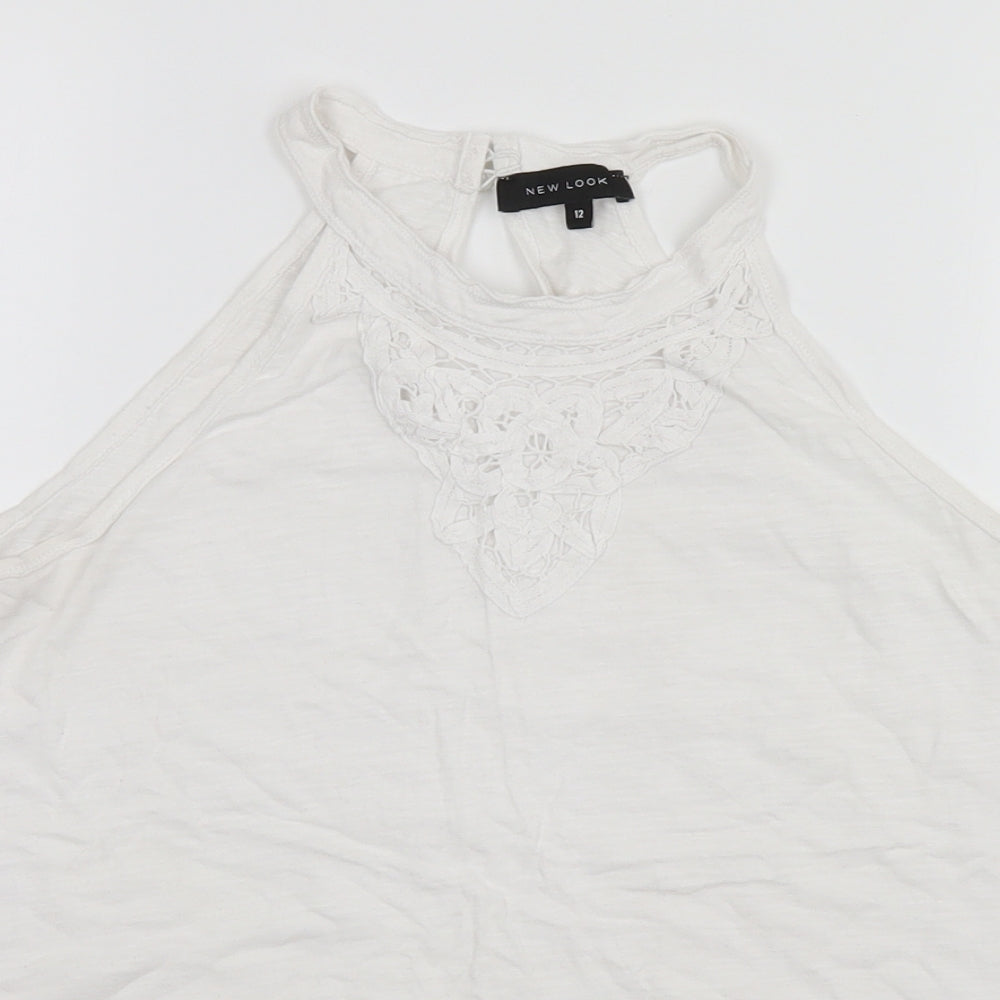 New Look Womens White  Cotton Basic T-Shirt Size 12 High Neck