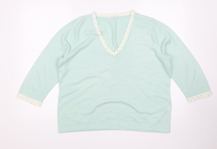 Berkertex Womens Green V-Neck  Acrylic Pullover Jumper Size 18