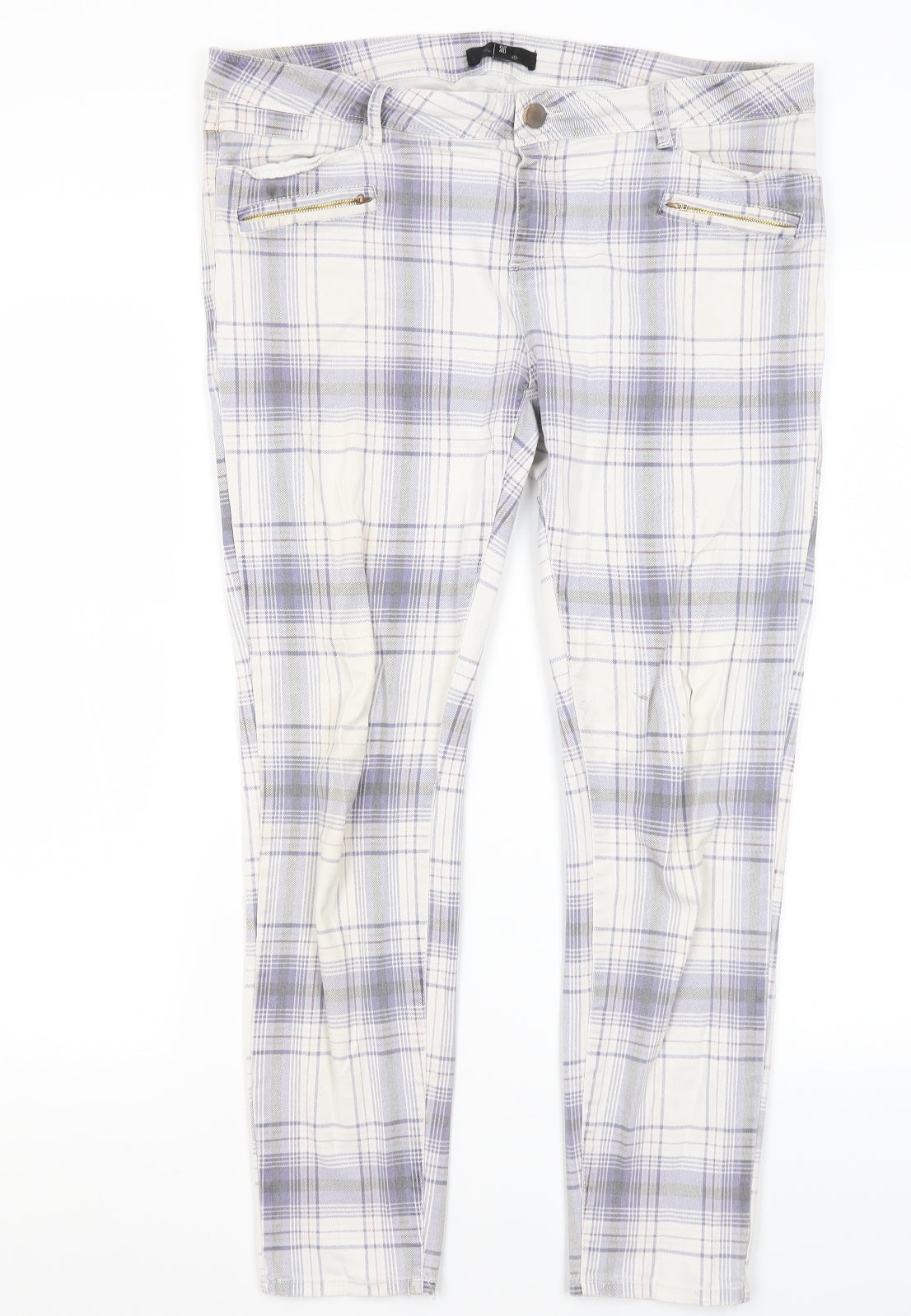 River Island Womens White Plaid Cotton Trousers  Size 14 L26 in Regular