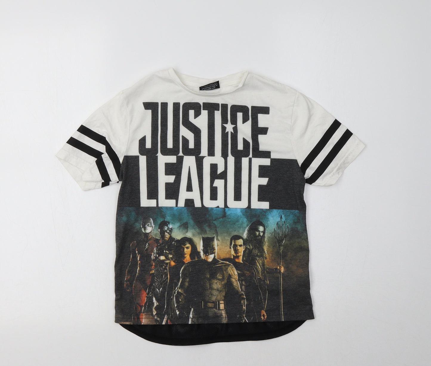 F&F Boys White Striped Polyester Basic T-Shirt Size 5-6 Years Crew Neck  - Justice League