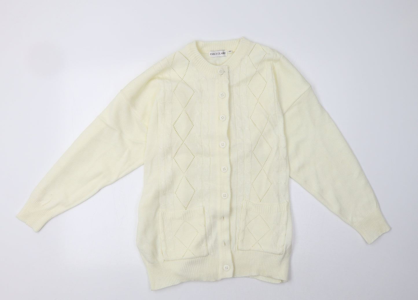 Emily Claire Womens Ivory Crew Neck  Acrylic Cardigan Jumper Size M