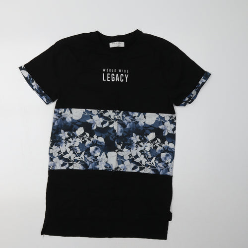 Primarkl Womens Black Floral Polyester Basic T-Shirt Size S Crew Neck - Legacy