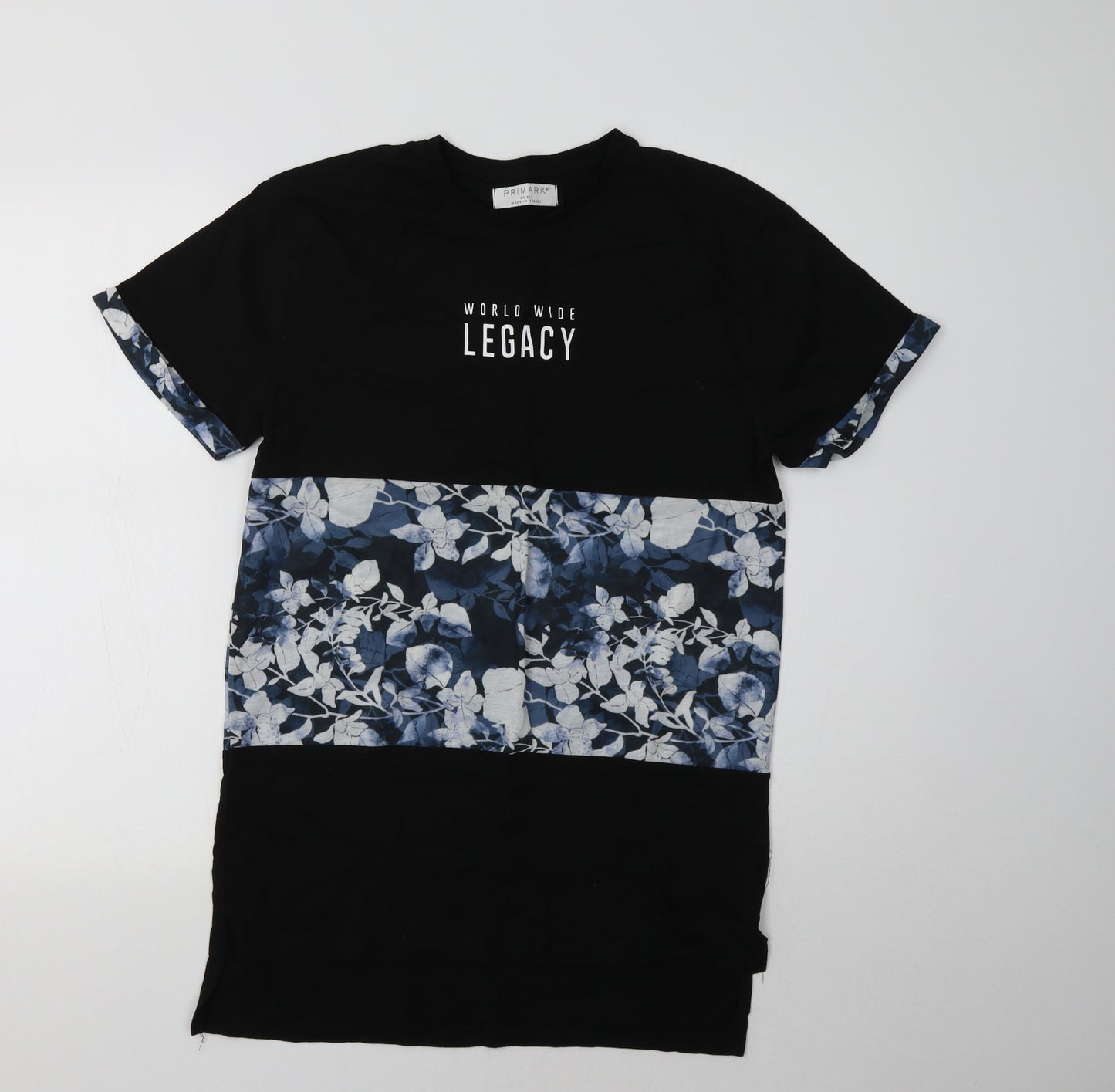 Primarkl Womens Black Floral Polyester Basic T-Shirt Size S Crew Neck - Legacy