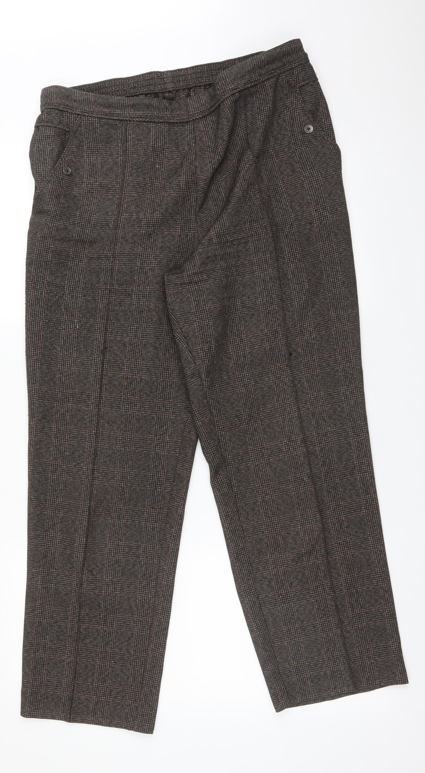 M&S Womens Brown Check Polyester Trousers  Size 14 L28 in Regular