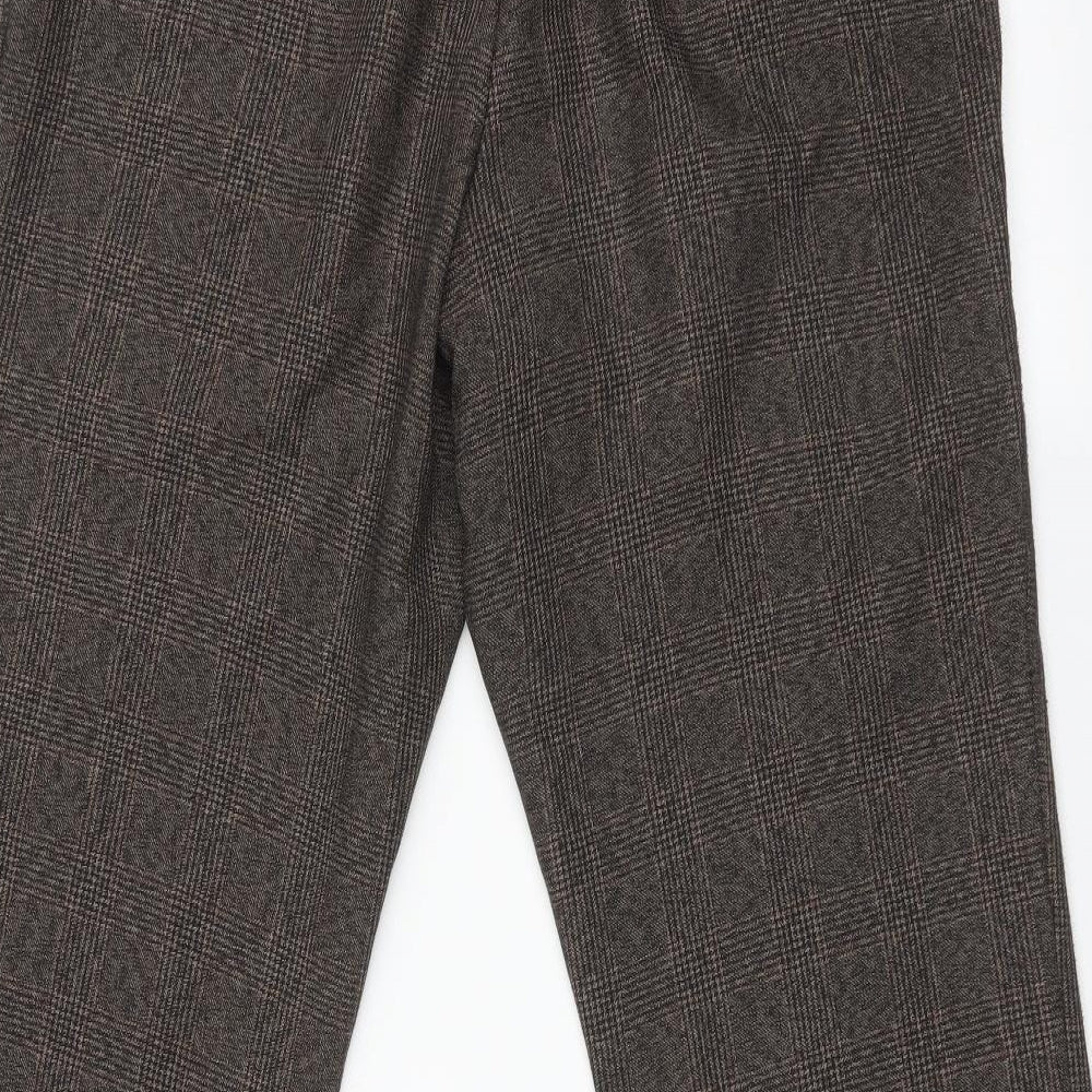 M&S Womens Brown Check Polyester Trousers  Size 14 L28 in Regular