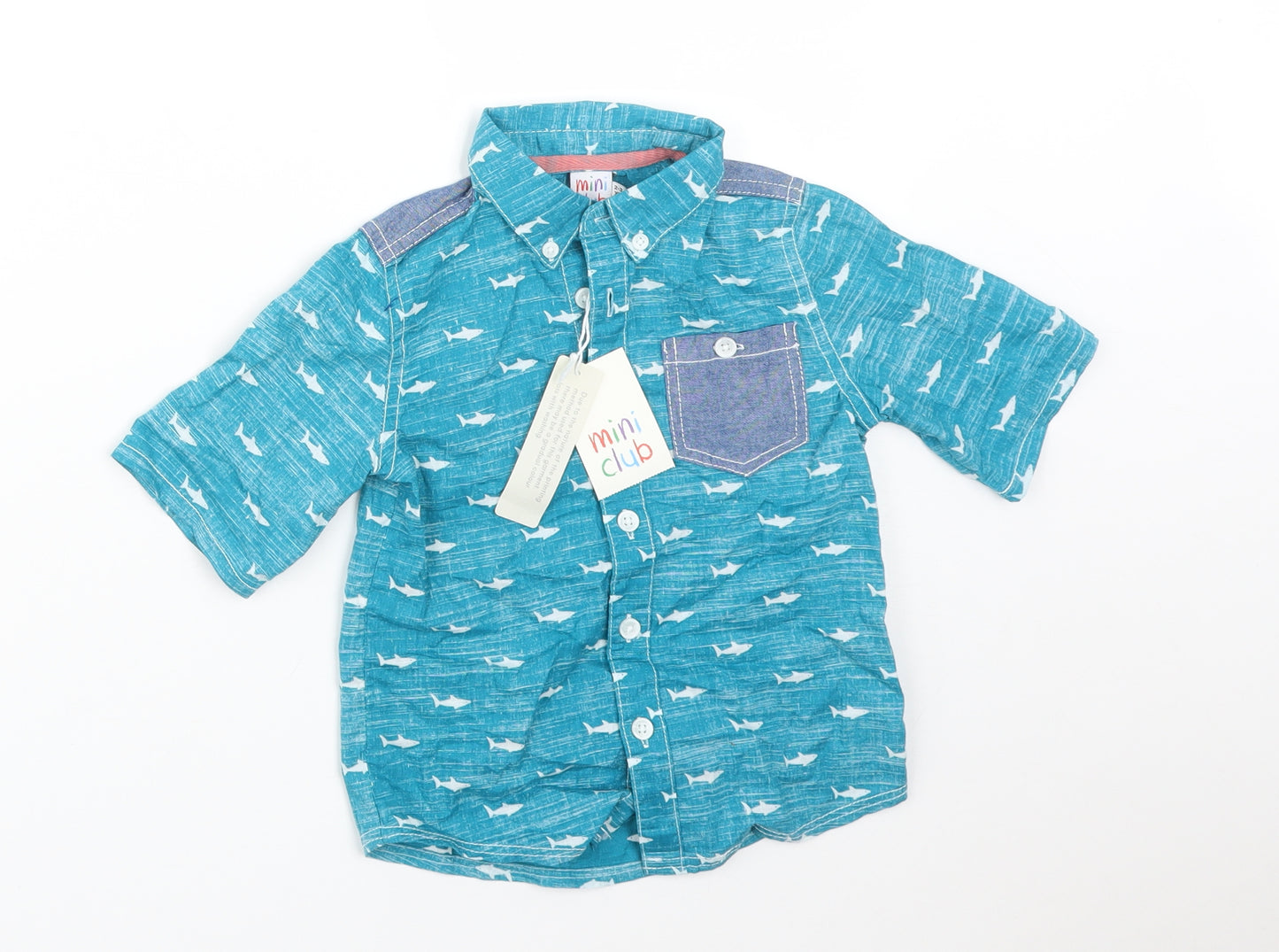 Mini Club Boys Blue Animal Print Cotton Basic Button-Up Size 2-3 Years Collared  - FISH