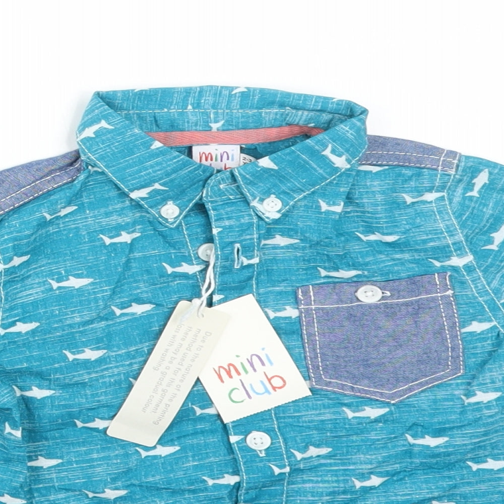 Mini Club Boys Blue Animal Print Cotton Basic Button-Up Size 2-3 Years Collared  - FISH