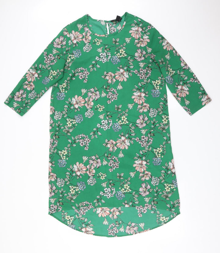 New Look Womens Green Floral Polyester A-Line  Size 12 Round Neck