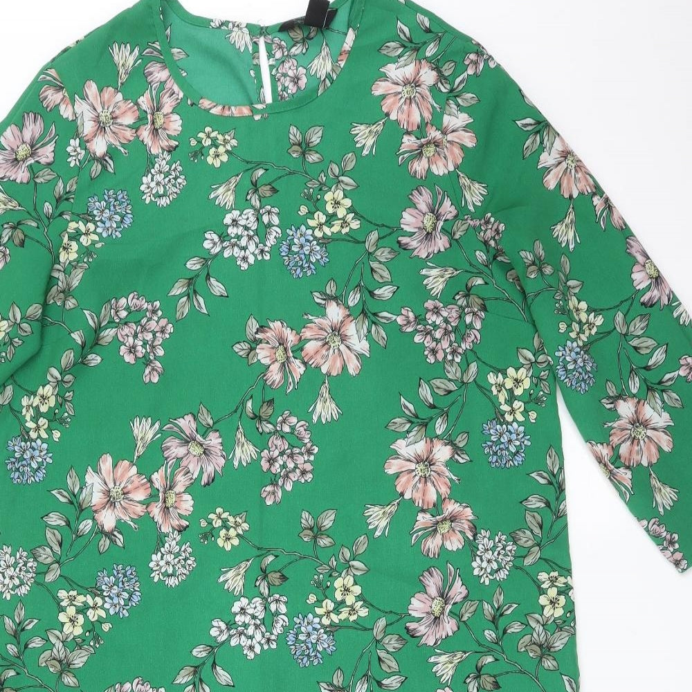 New Look Womens Green Floral Polyester A-Line  Size 12 Round Neck