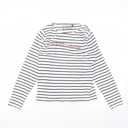 mama Womens White Striped Cotton Basic T-Shirt Size S Round Neck