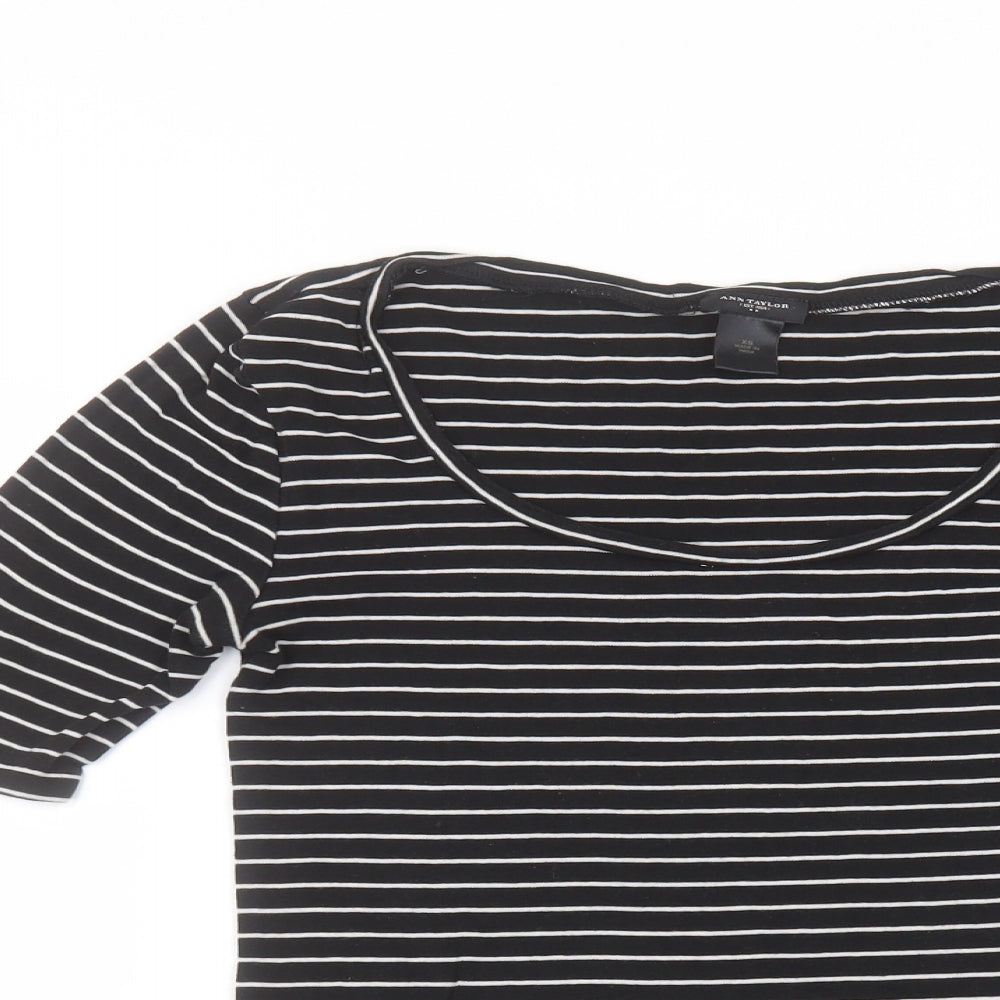 Ann Taylor Womens Black Striped Cotton Basic T-Shirt Size XS Round Neck