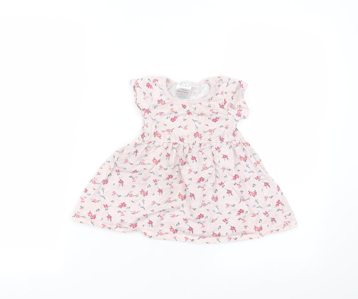 Baby Baby Pink Floral Cotton A-Line Size 12-18 Months Round Neck