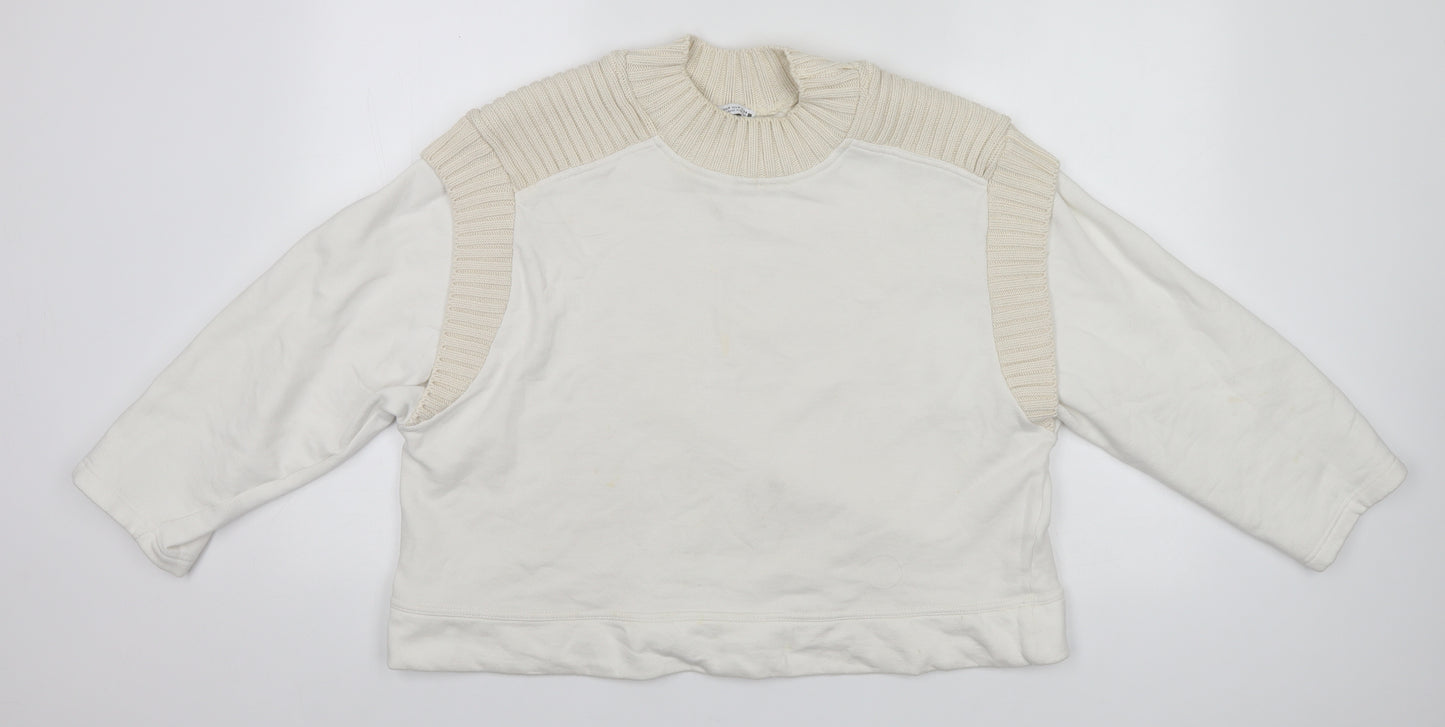 Zara Womens White Round Neck  Cotton Pullover Jumper Size M