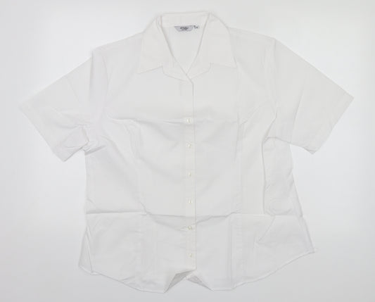 Front view of Disley women’s white polyester basic button-up, size UK 18, collared