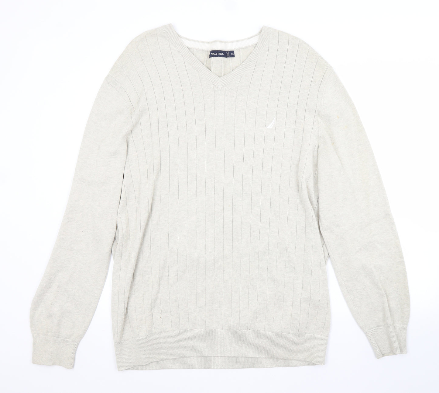 Nautica Mens Beige V-Neck  Cotton Pullover Jumper Size XL