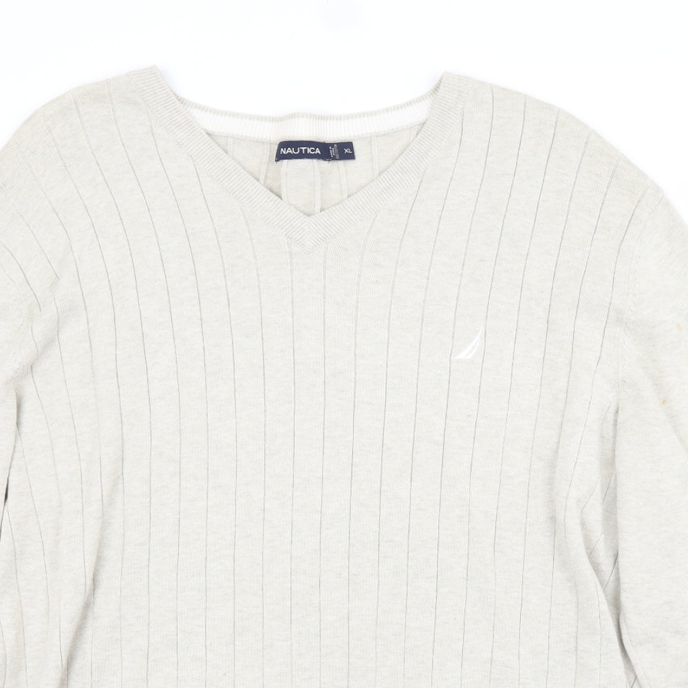Nautica Mens Beige V-Neck  Cotton Pullover Jumper Size XL