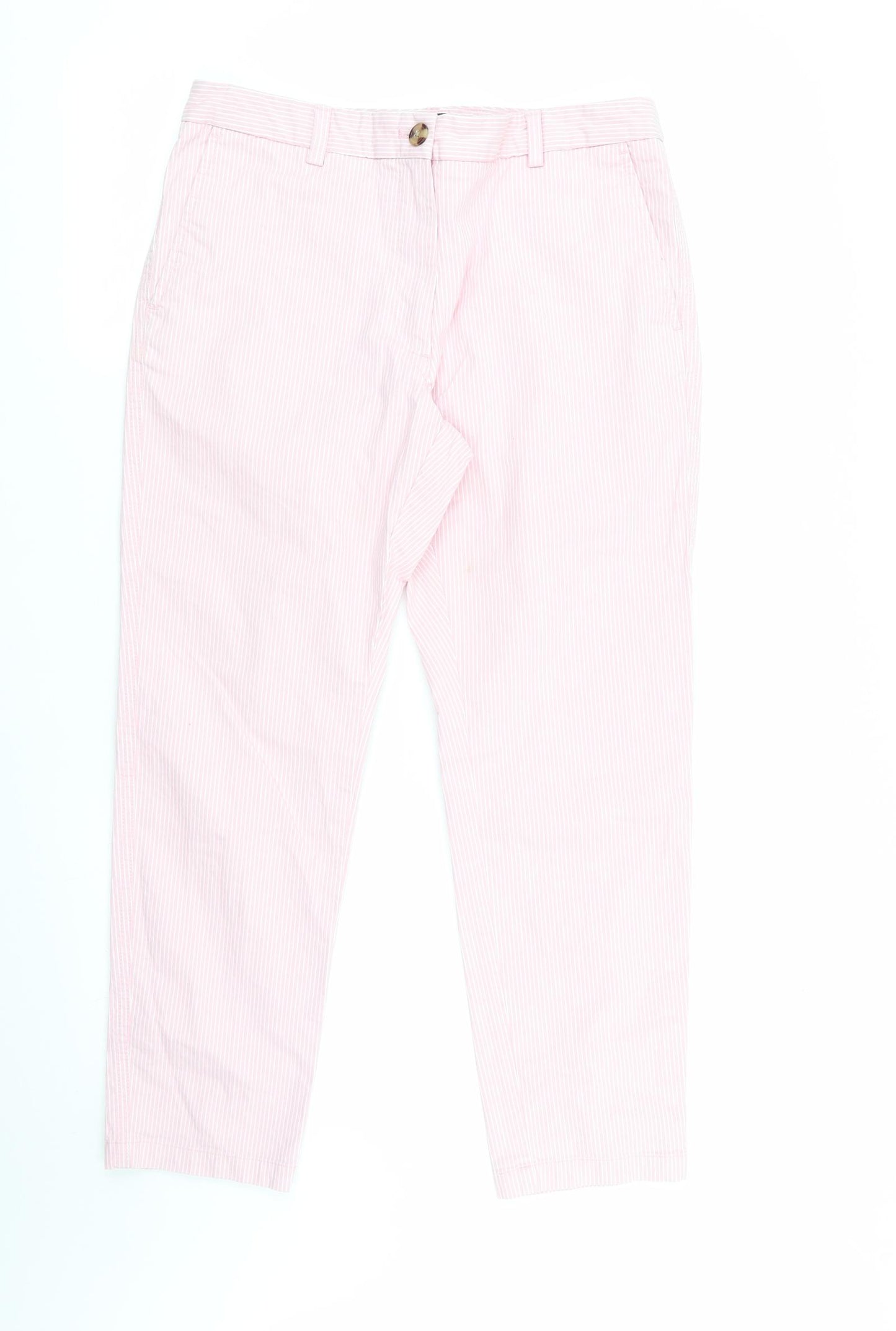 Marks and Spencer Womens Pink Striped Cotton Chino Trousers Size 10 L25 in Regular  - Pinstripe in White - Cropped