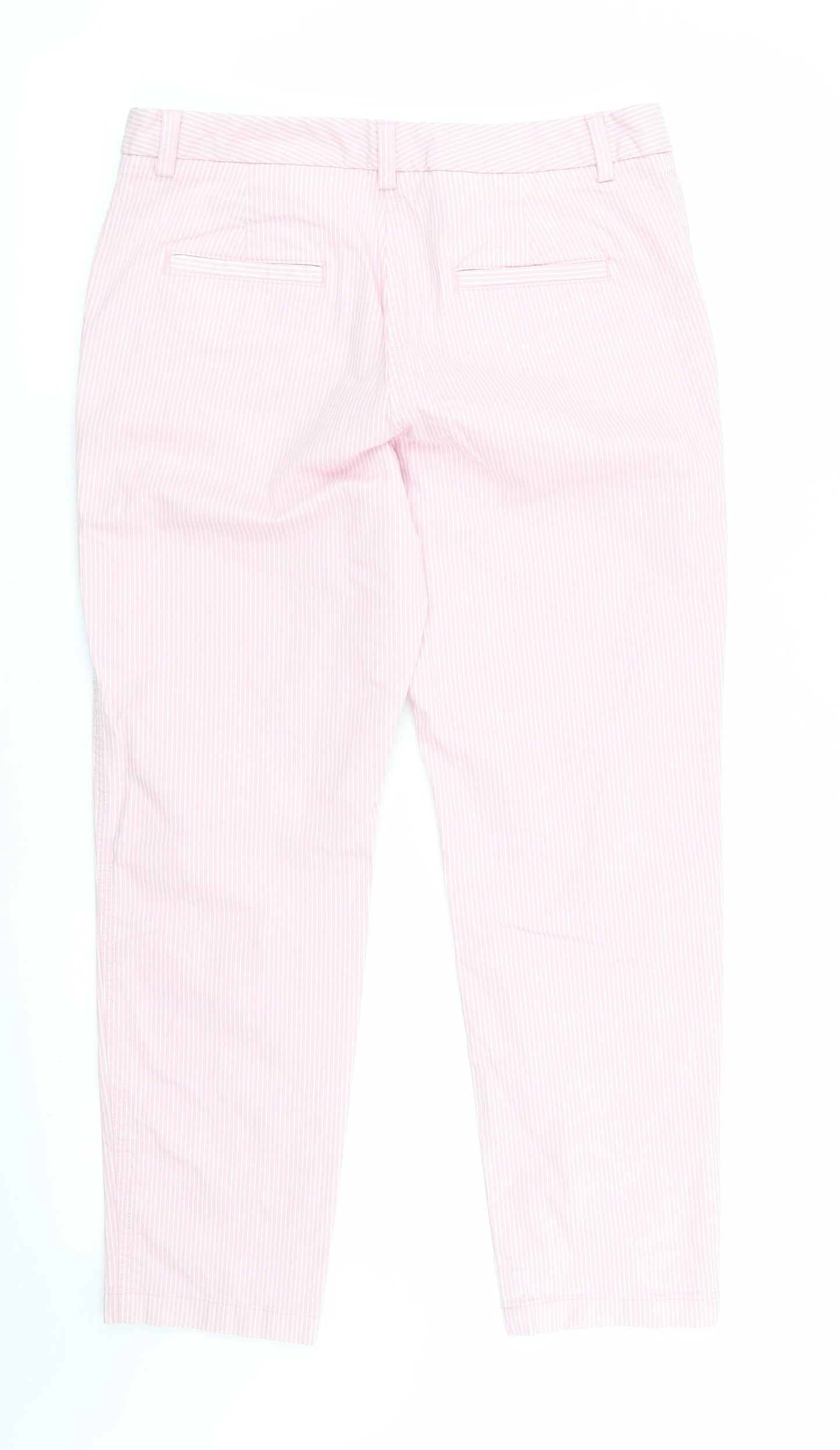 Marks and Spencer Womens Pink Striped Cotton Chino Trousers Size 10 L25 in Regular  - Pinstripe in White - Cropped