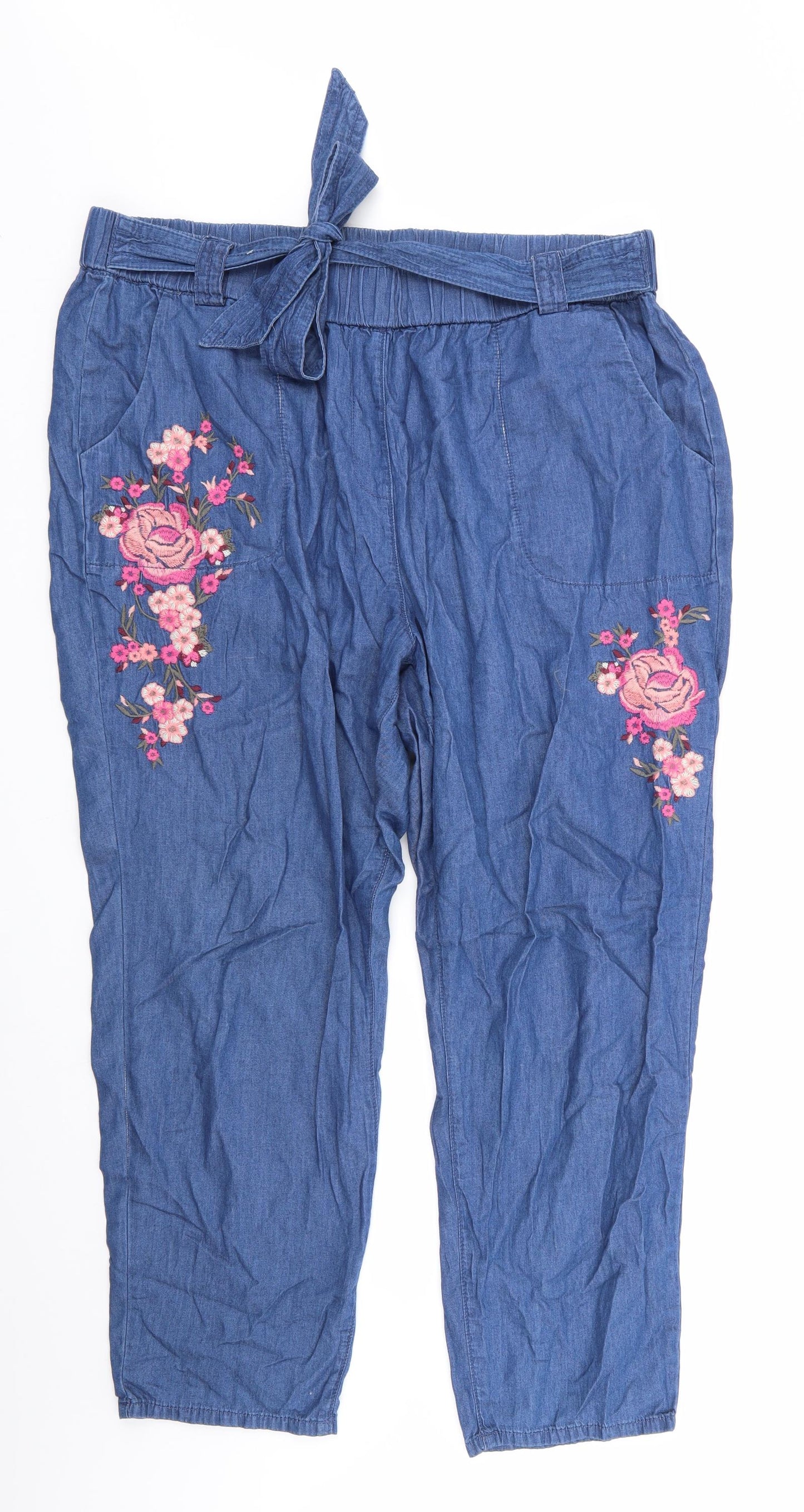Bonmarché Womens Blue Floral Cotton Trousers  Size 20 L28 in Regular  - Very Soft