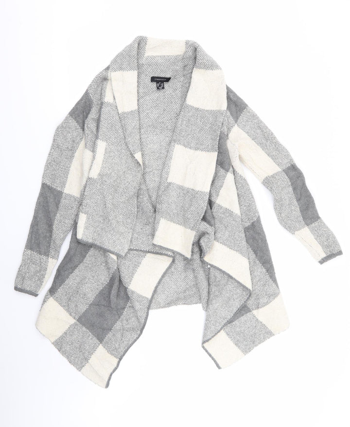 Atmosphere Womens Ivory V-Neck Check Acrylic Cardigan Jumper Size S   - Shades of Grey Checks