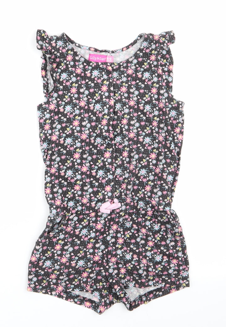 Lilly & Dan Girls Black Floral Cotton Shorts One-Piece Size 5-6 Years - Pink Blue Yellow Flowers