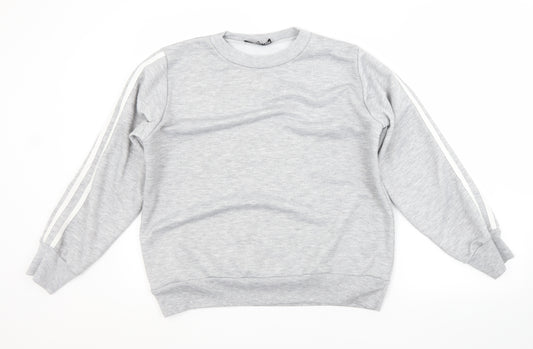 Front view of Boohoo women’s grey polyester pullover sweatshirt, size UK 12