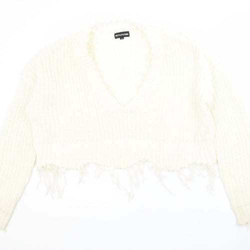 PRETTYLITTLETHING Womens White V-Neck  Acrylic Pullover Jumper Size S