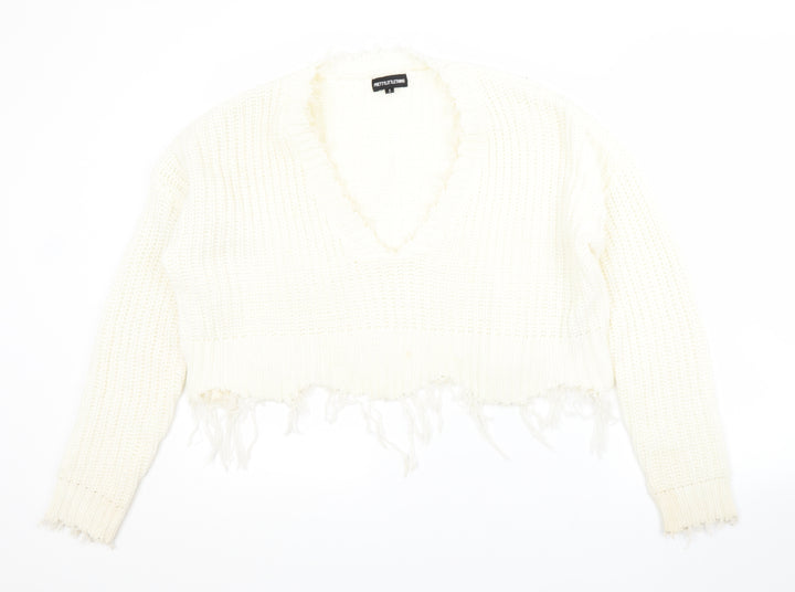 PRETTYLITTLETHING Womens White V-Neck Acrylic Pullover Jumper Size S