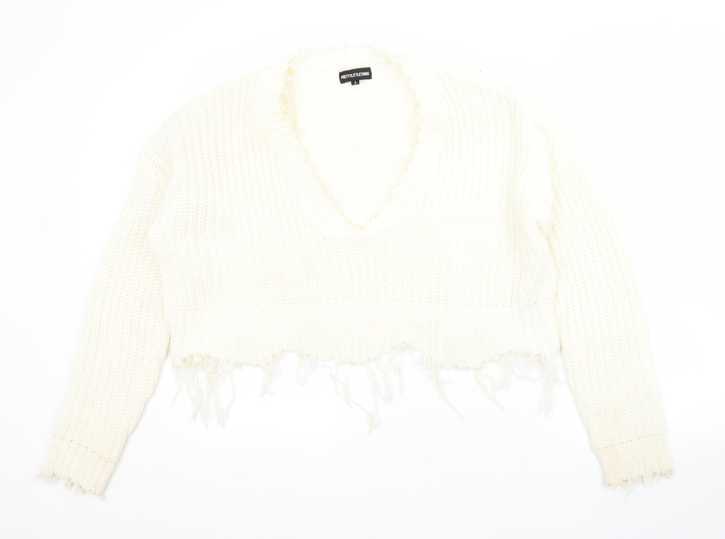 PRETTYLITTLETHING Womens White V-Neck  Acrylic Pullover Jumper Size S