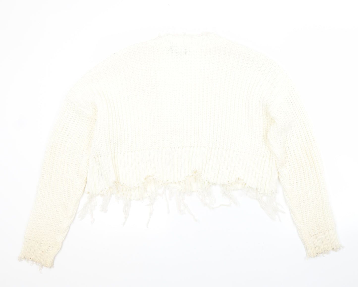PRETTYLITTLETHING Womens White V-Neck  Acrylic Pullover Jumper Size S