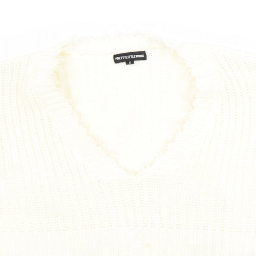 PRETTYLITTLETHING Womens White V-Neck  Acrylic Pullover Jumper Size S