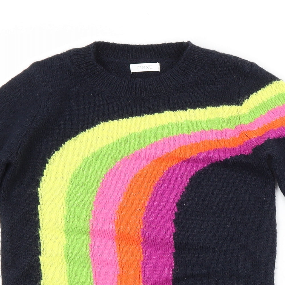 NEXT Girls Blue Crew Neck Striped Acrylic Pullover Jumper Size 3 Years