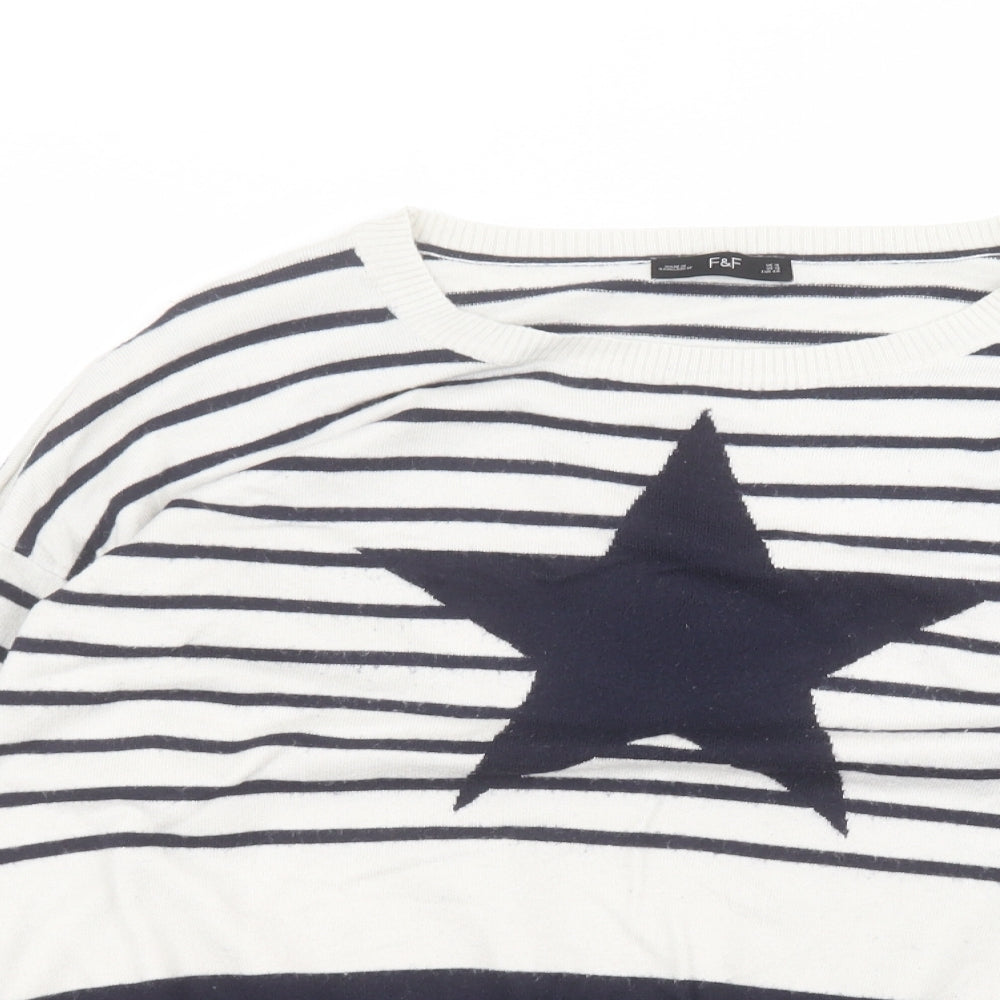 F&F Womens White Striped Viscose Basic T-Shirt Size 16 Round Neck