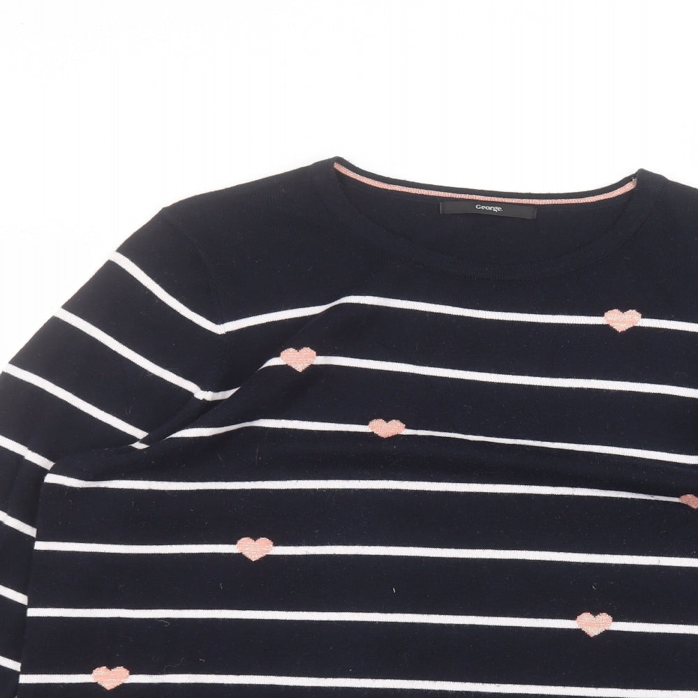 George Womens Blue Striped Acrylic Basic T-Shirt Size 16 Round Neck