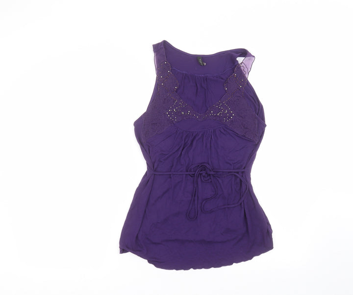 Topshop Womens Purple  Viscose Basic T-Shirt Size 10 Round Neck
