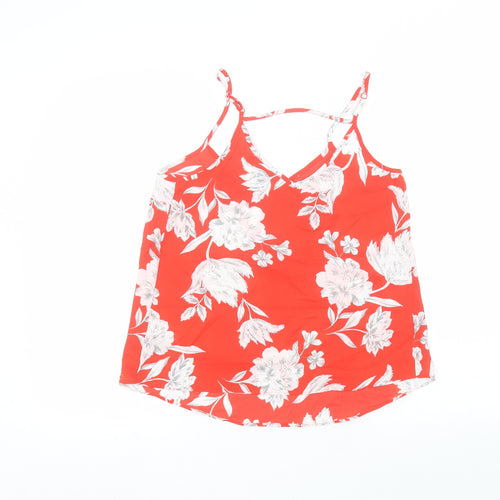 Primark Womens Red Floral Polyester Basic Blouse Size 8 Round Neck