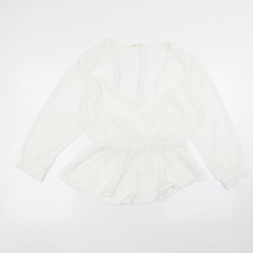 Preworn Womens White  Polyester Basic Blouse Size 14 Round Neck