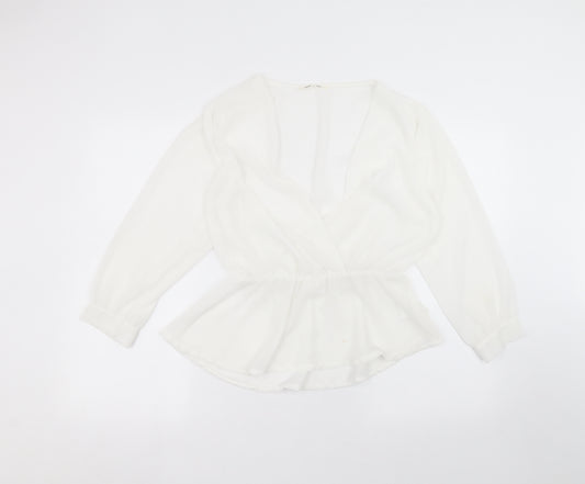 Front view of Preworn women’s white polyester basic blouse, size UK 14, round neck