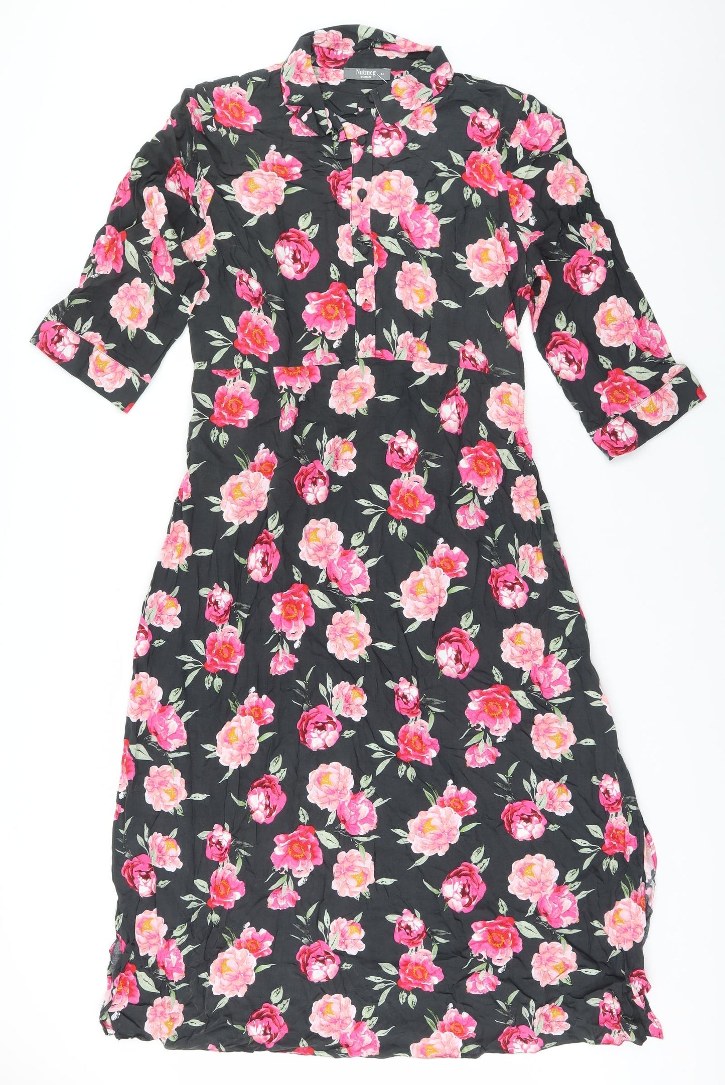 Nutmeg Womens Grey Floral Viscose A-Line  Size 16 Collared