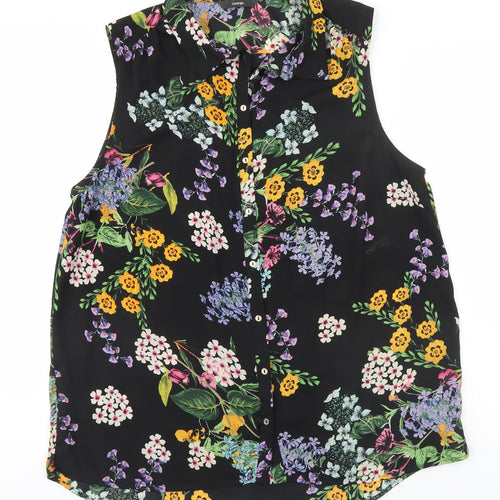 George Womens Black Floral Polyester Basic Button-Up Size 16 Collared