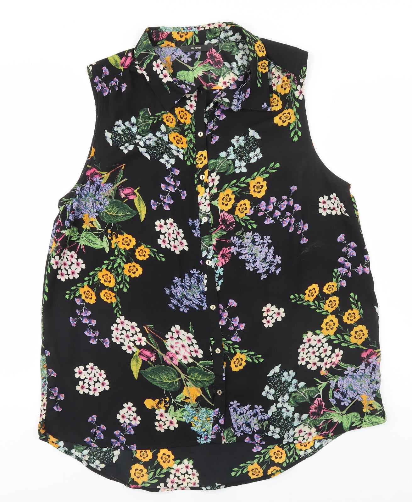 George Womens Black Floral Polyester Basic Button-Up Size 16 Collared