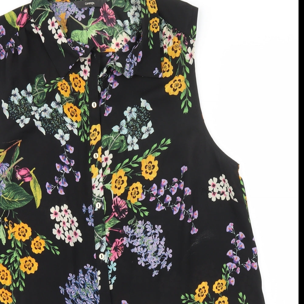 George Womens Black Floral Polyester Basic Button-Up Size 16 Collared