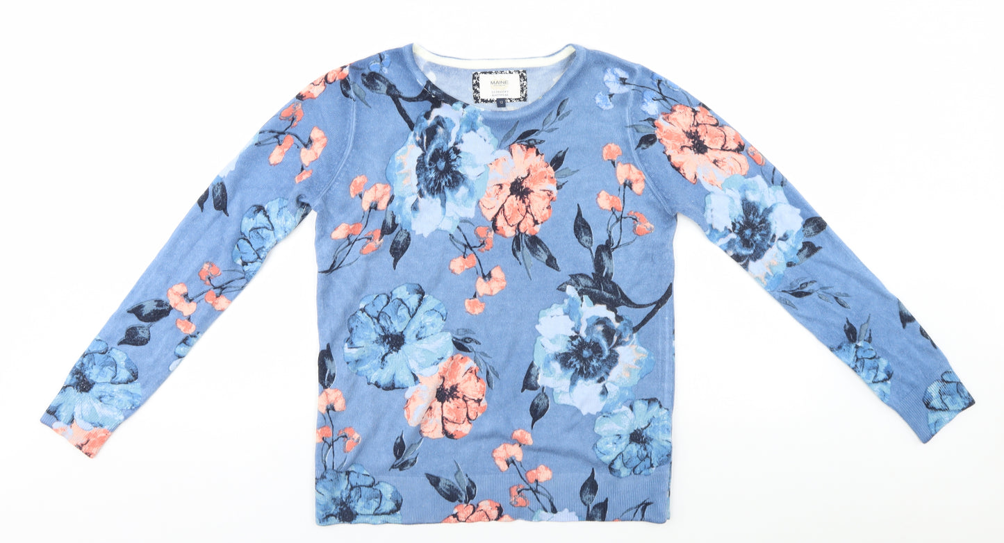 Maine Womens Blue Round Neck Floral Acrylic Pullover Jumper Size 12