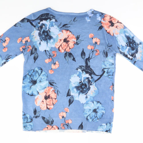 Maine Womens Blue Round Neck Floral Acrylic Pullover Jumper Size 12