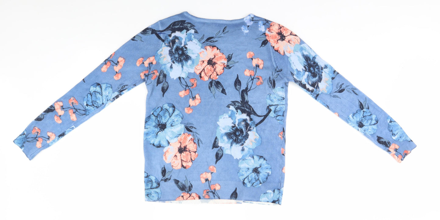 Maine Womens Blue Round Neck Floral Acrylic Pullover Jumper Size 12