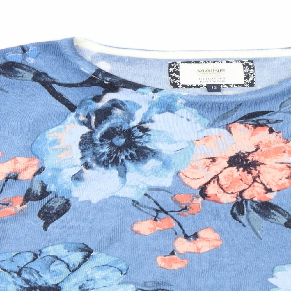 Maine Womens Blue Round Neck Floral Acrylic Pullover Jumper Size 12